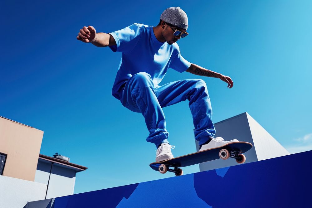 Man in a streetwear skateboarding adult blue exhilaration. AI generated Image by rawpixel.