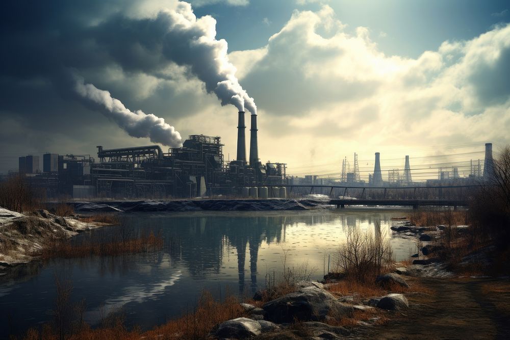 Industrial architecture pollution landscape. AI generated Image by rawpixel.
