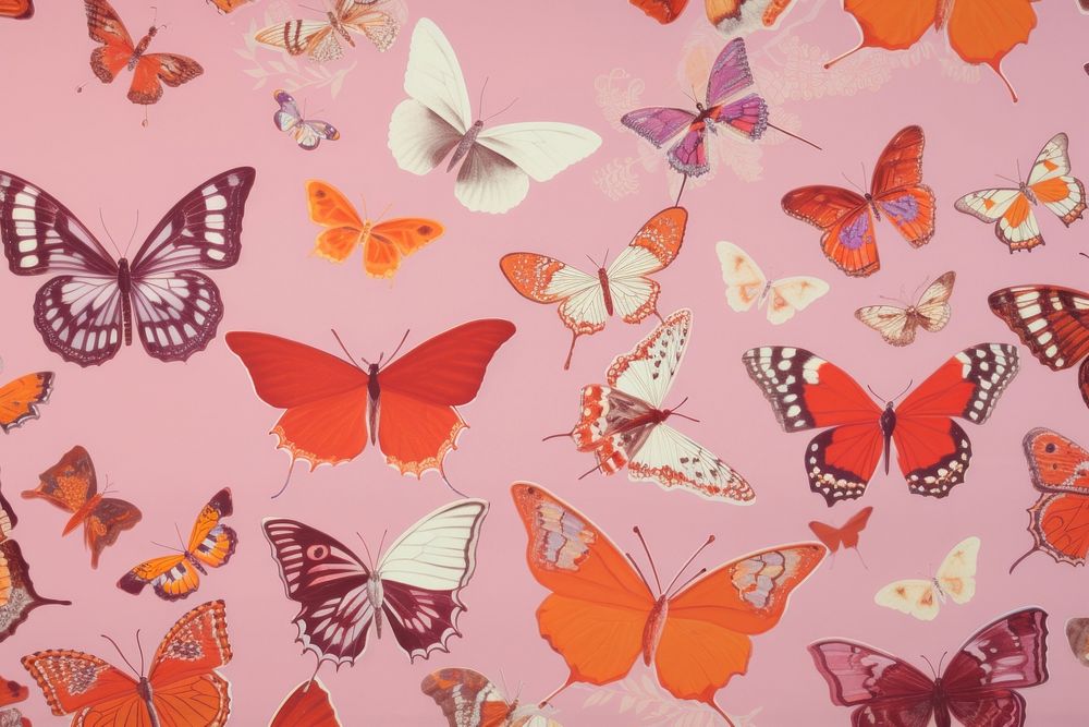 Orange fabric with red and pink butterflies butterfly insect art. AI generated Image by rawpixel.