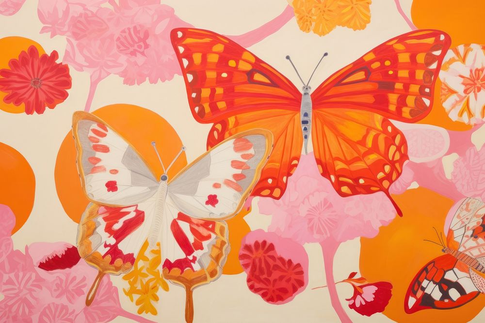 Orange fabric with red and pink butterflies painting pattern plant. AI generated Image by rawpixel.