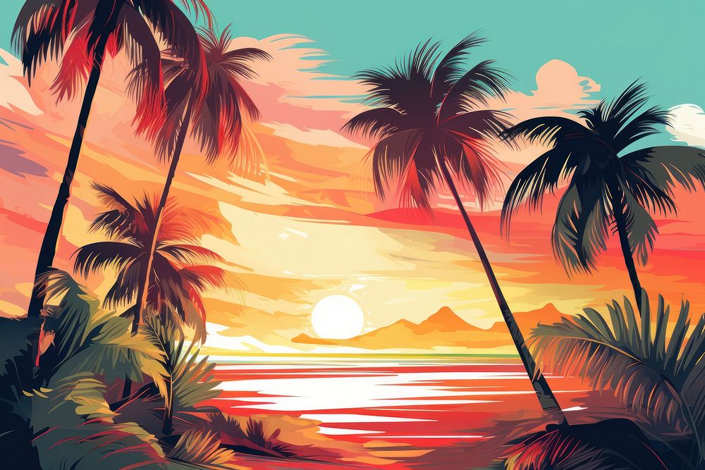 Palm tree landscape outdoors sunset. AI generated Image by rawpixel.
