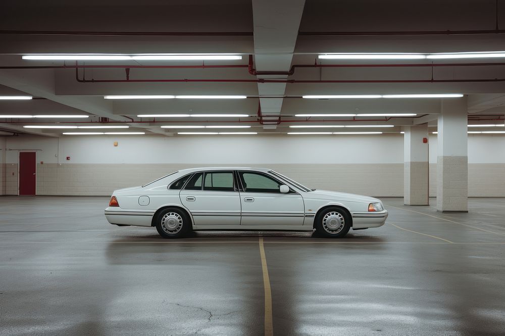 A white sedan car vehicle parking wheel. AI generated Image by rawpixel.