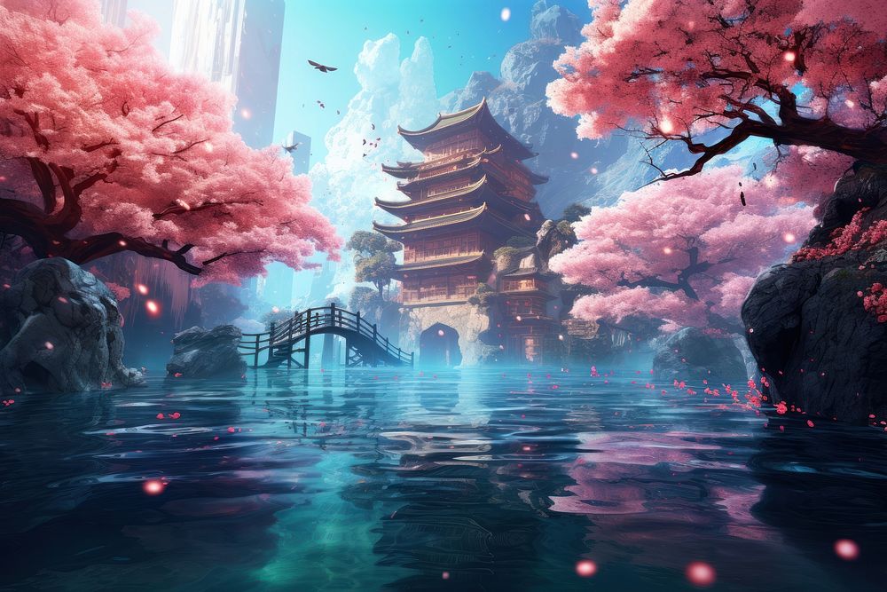 Sakura architecture building outdoors. AI generated Image by rawpixel.