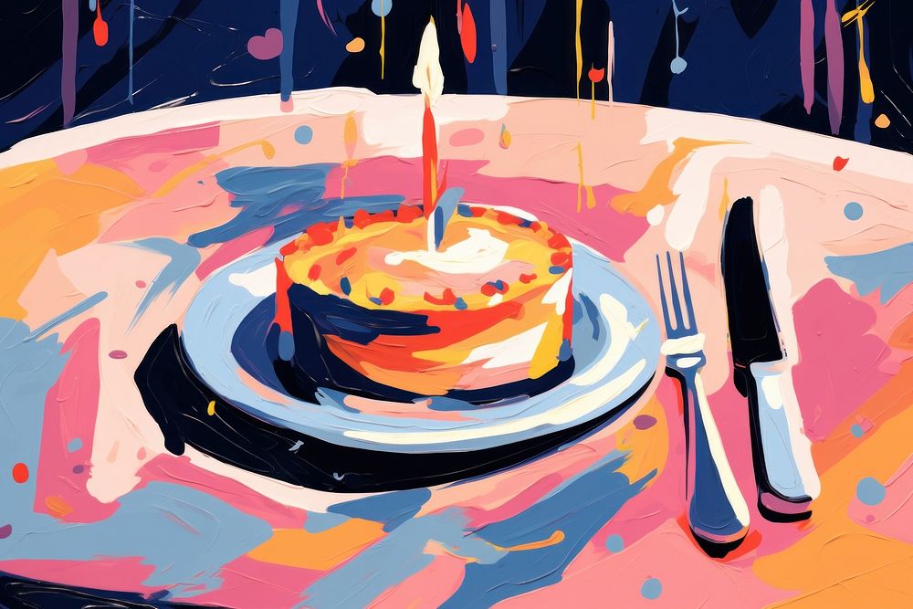 Birthday Cake Being Served In Restaurant cake restaurant painting. AI generated Image by rawpixel.
