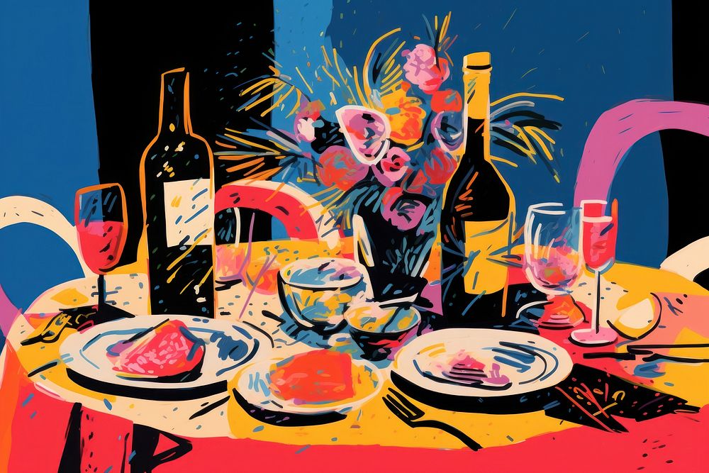 Party table set-up painting bottle wine. AI generated Image by rawpixel.