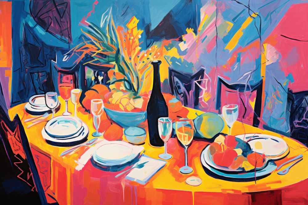 Party table set-up furniture painting thanksgiving. AI generated Image by rawpixel.