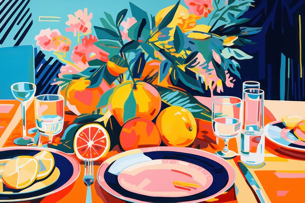 Party table set-up grapefruit painting plant. AI generated Image by rawpixel.