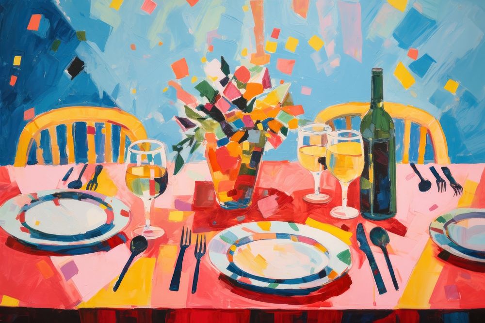 Party table set-up painting drawing plate. AI generated Image by rawpixel.