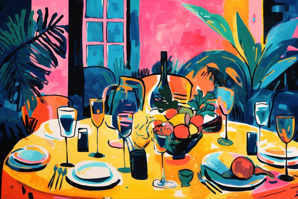 Party table set-up painting drawing glass. AI generated Image by rawpixel.
