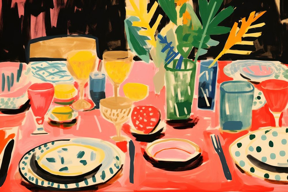 Party table set-up tablecloth painting drawing. AI generated Image by rawpixel.
