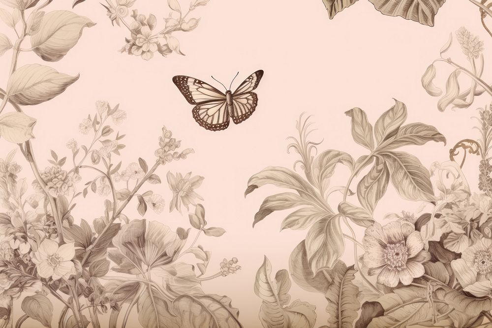 Solid toile wallpaper with butterfly and flower pattern sketch plant. AI generated Image by rawpixel.