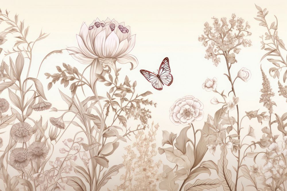 Solid toile wallpaper with butterfly and flower pattern drawing sketch. AI generated Image by rawpixel.