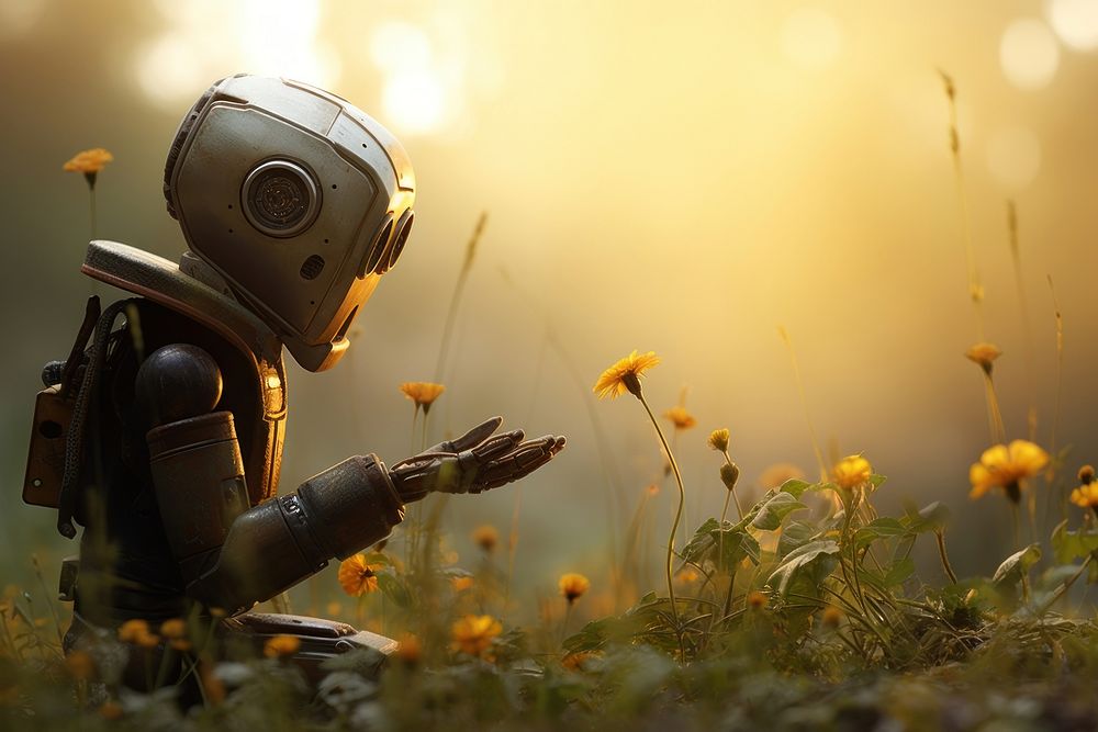 Robot smelling yellow flower technology protection sunlight. AI generated Image by rawpixel.