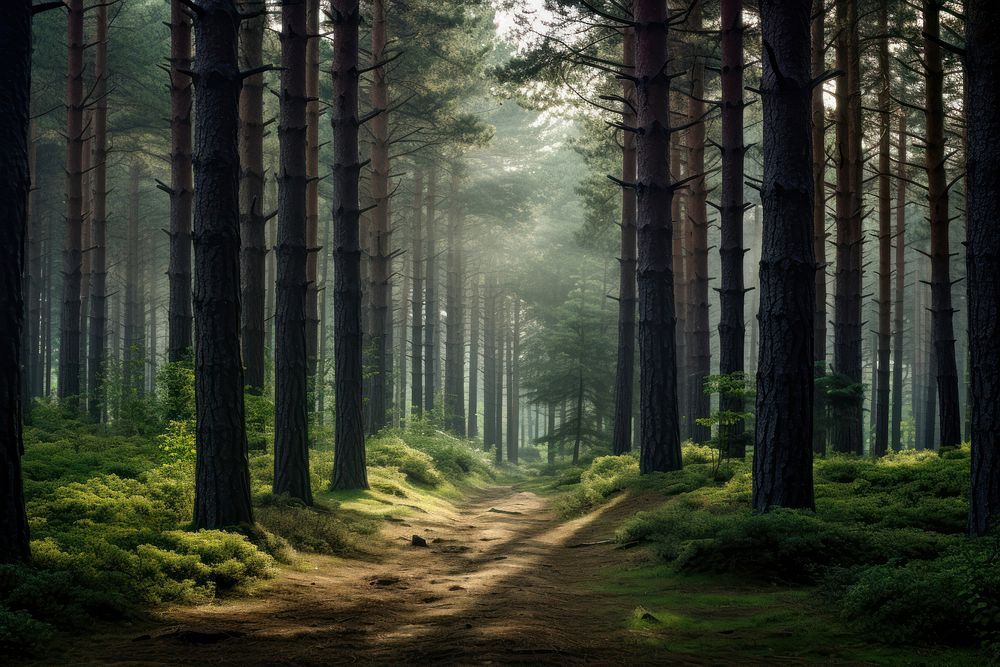 Pine tree forest landscape sunlight outdoors. AI generated Image by rawpixel.