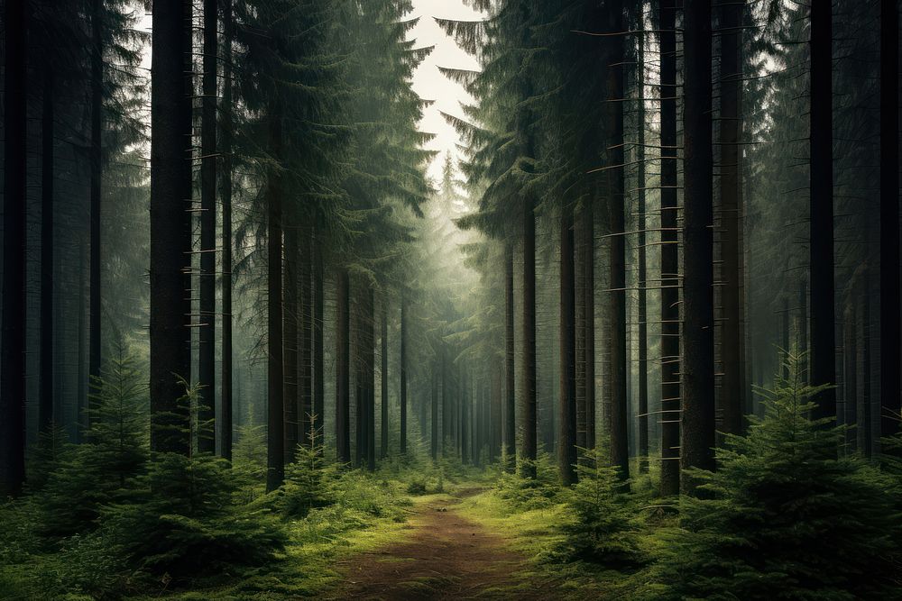 Pine tree forest landscape woodland outdoors. AI generated Image by rawpixel.