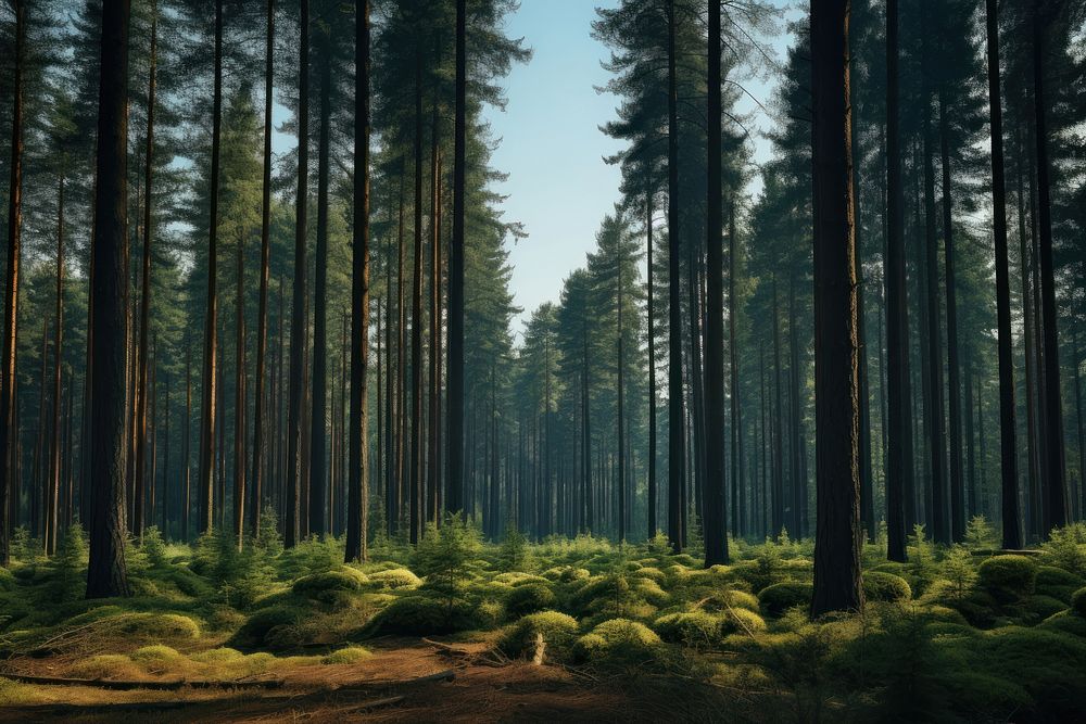 Pine tree forest landscape outdoors woodland. AI generated Image by rawpixel.