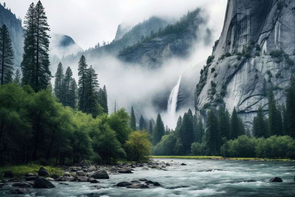 Yosemite landscape wilderness waterfall. AI generated Image by rawpixel.