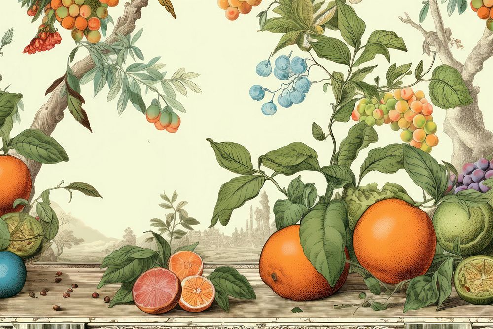 Fruits on tray grapefruit painting plant. 