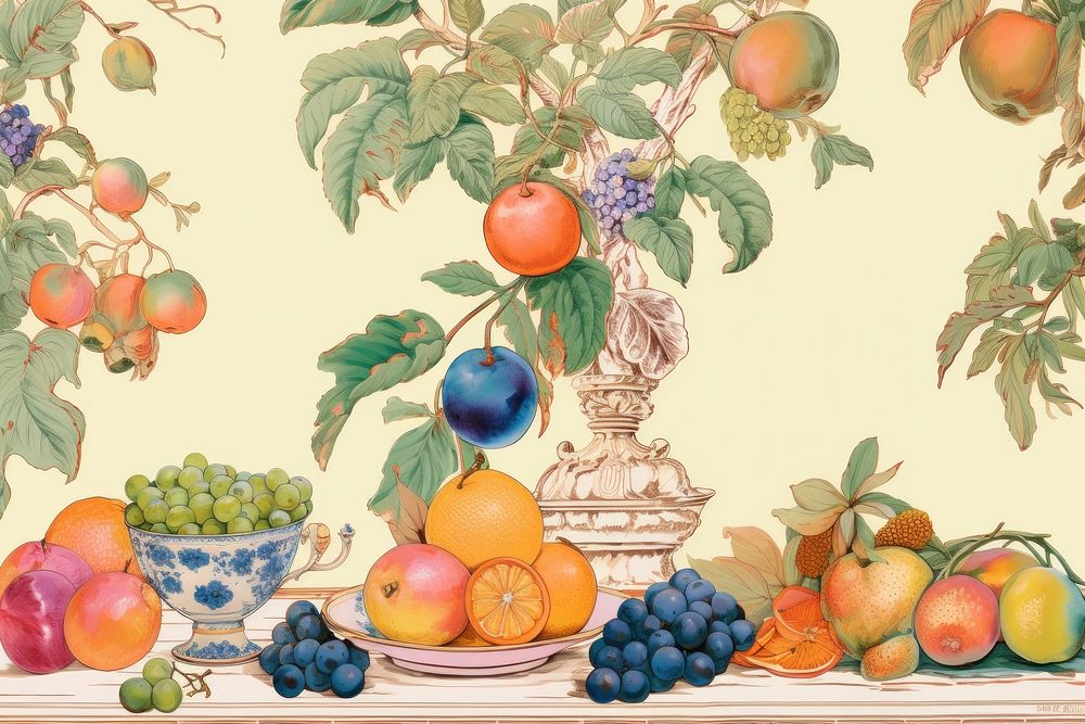 Fruits on tray grapefruit painting grapes. 