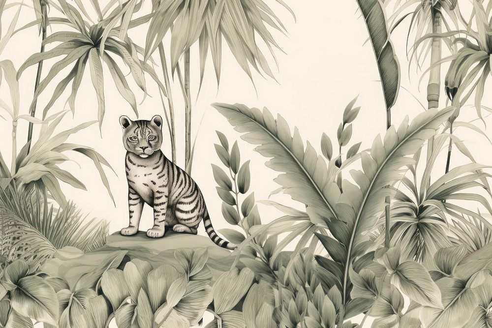 Solid toile wallpaper with palm outdoors feline animal. AI generated Image by rawpixel.
