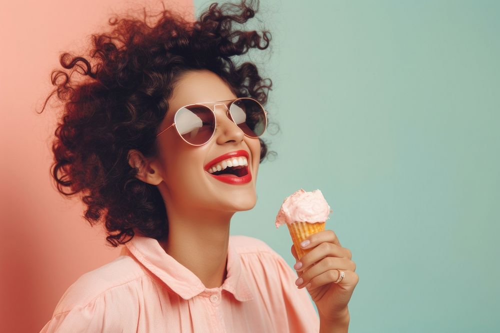 Eating ice cream laughing glasses dessert. AI generated Image by rawpixel.