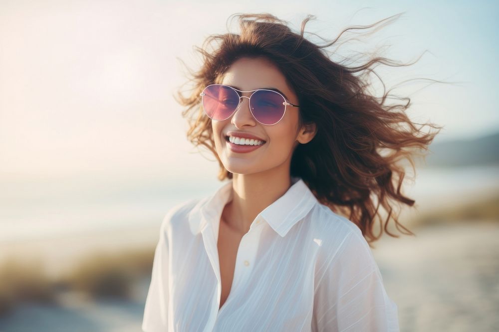 Sunglasses portrait blouse beach. AI generated Image by rawpixel.