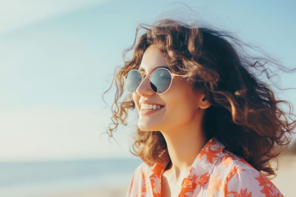 Sunglasses laughing beach smile. AI generated Image by rawpixel.