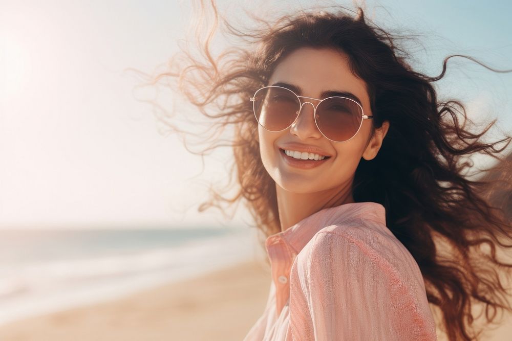 Sunglasses beach women smile. AI generated Image by rawpixel.