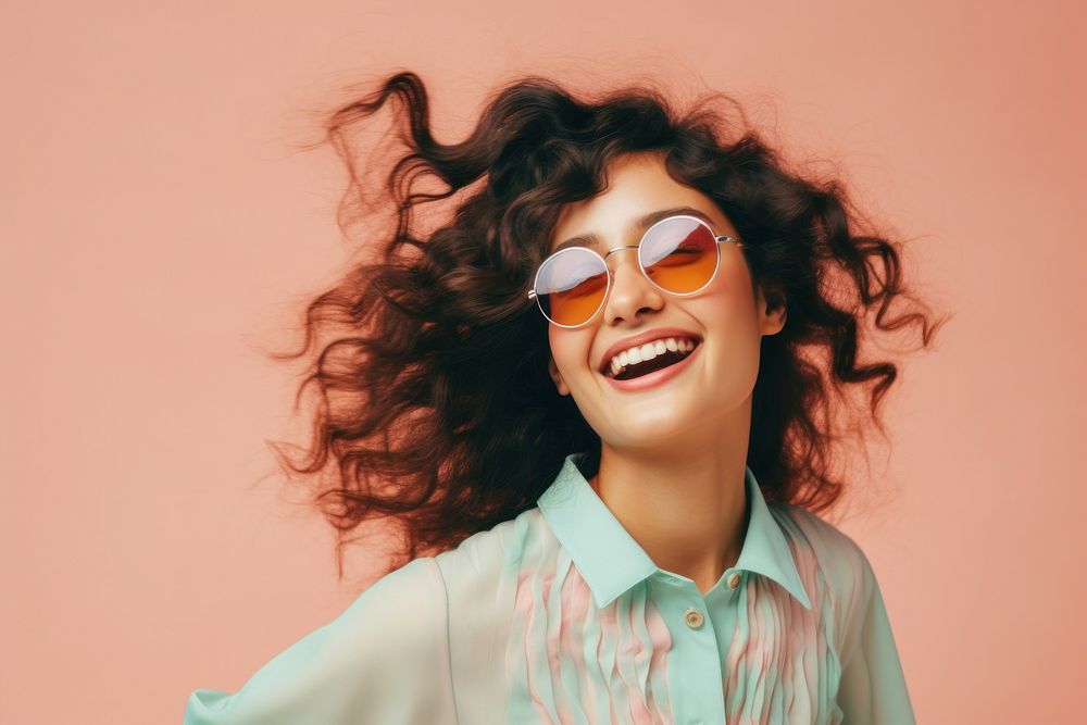 Joyful hispanic women glasses laughing blouse. AI generated Image by rawpixel.