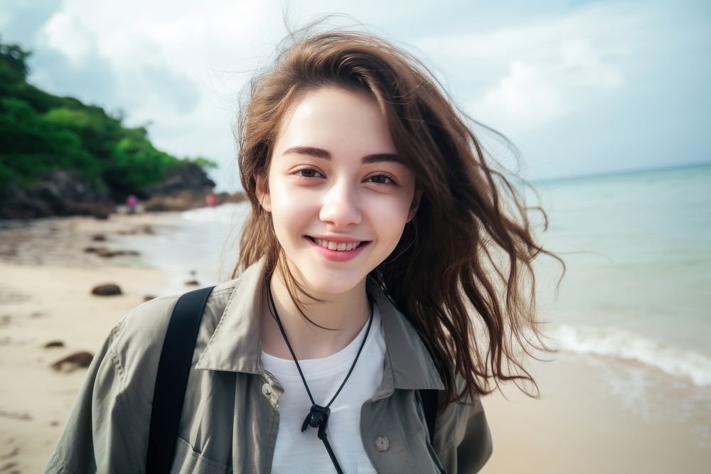 Thai teenager selfie at Bangsean Beach portrait beach smile. AI generated Image by rawpixel.