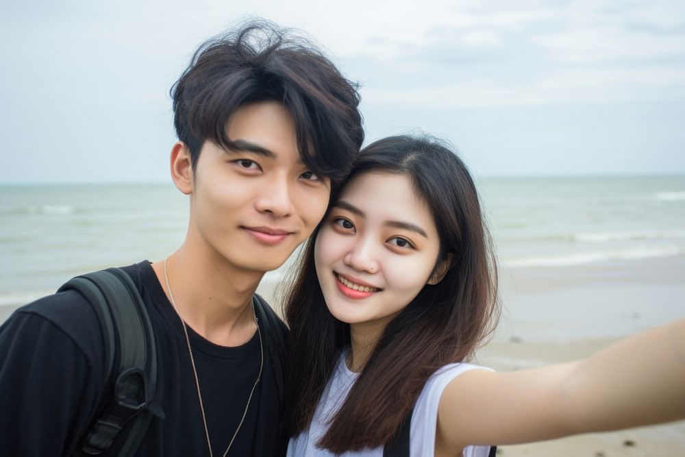 Thai teenager selfie at Bangsean Beach portrait outdoors photo. AI generated Image by rawpixel.