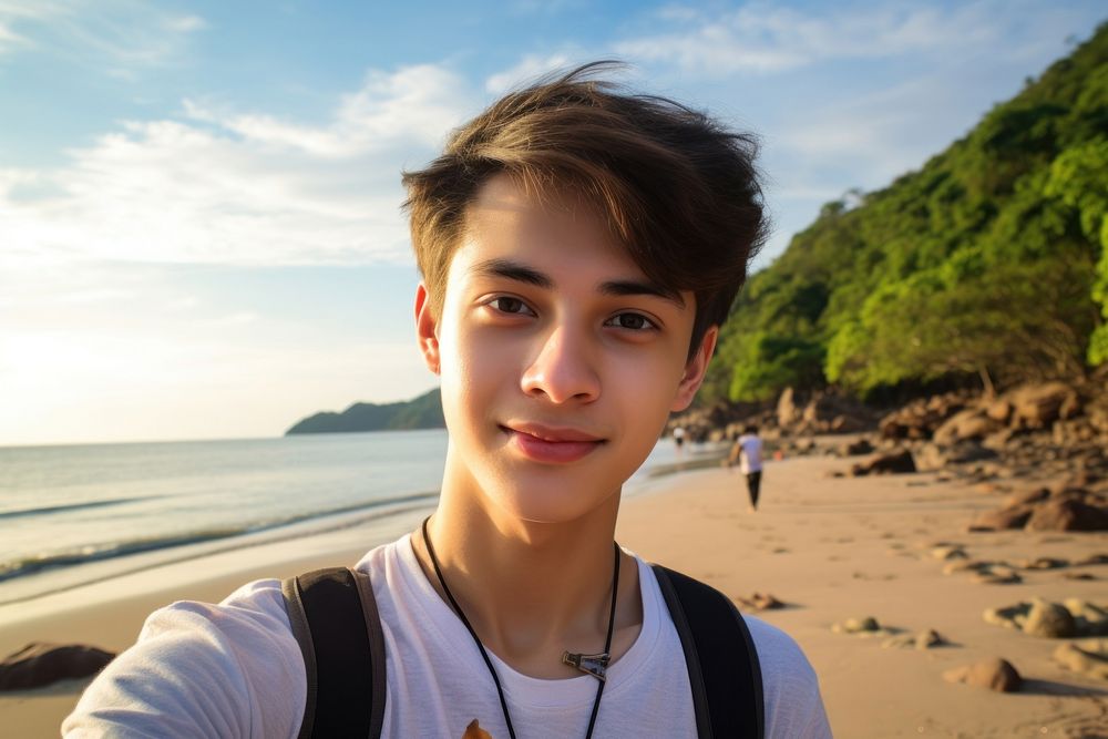 Thai teenager selfie at Bangsean Beach beach portrait outdoors. AI generated Image by rawpixel.