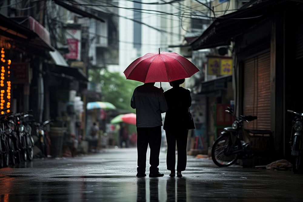 Two thai people standing under an umbrella in the rain street adult city. AI generated Image by rawpixel.