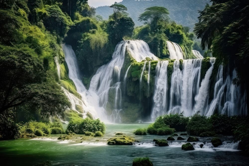 Waterfall travel in Laos landscape outdoors tourism. AI generated Image by rawpixel.