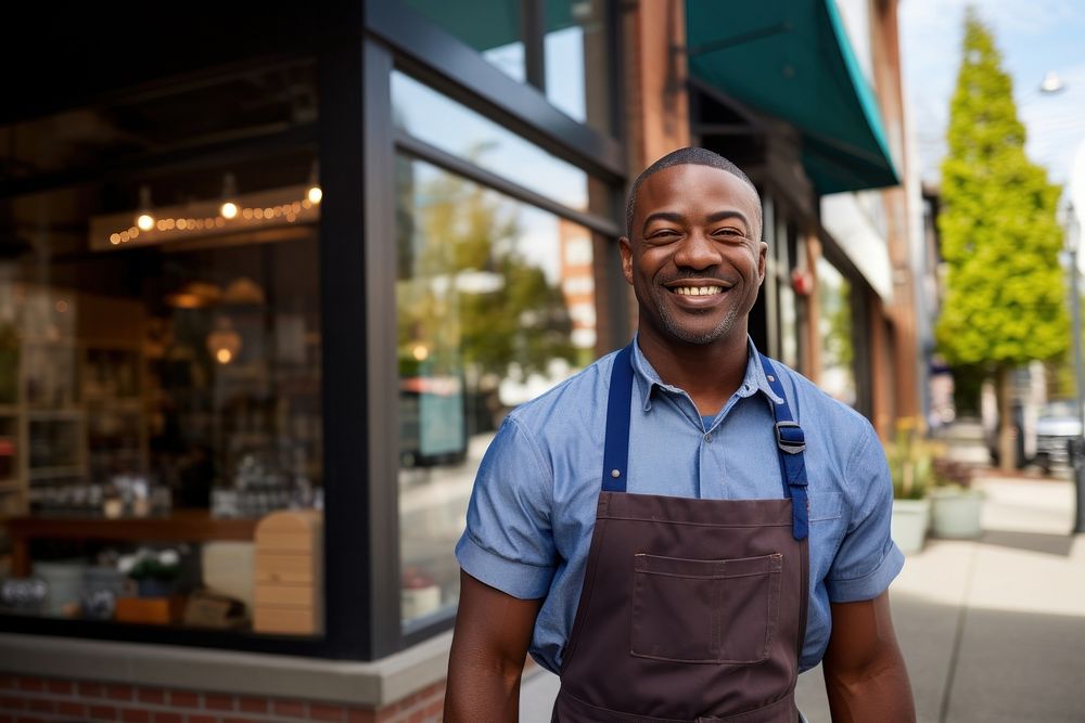 Multiracial man in apron adult store transportation. 