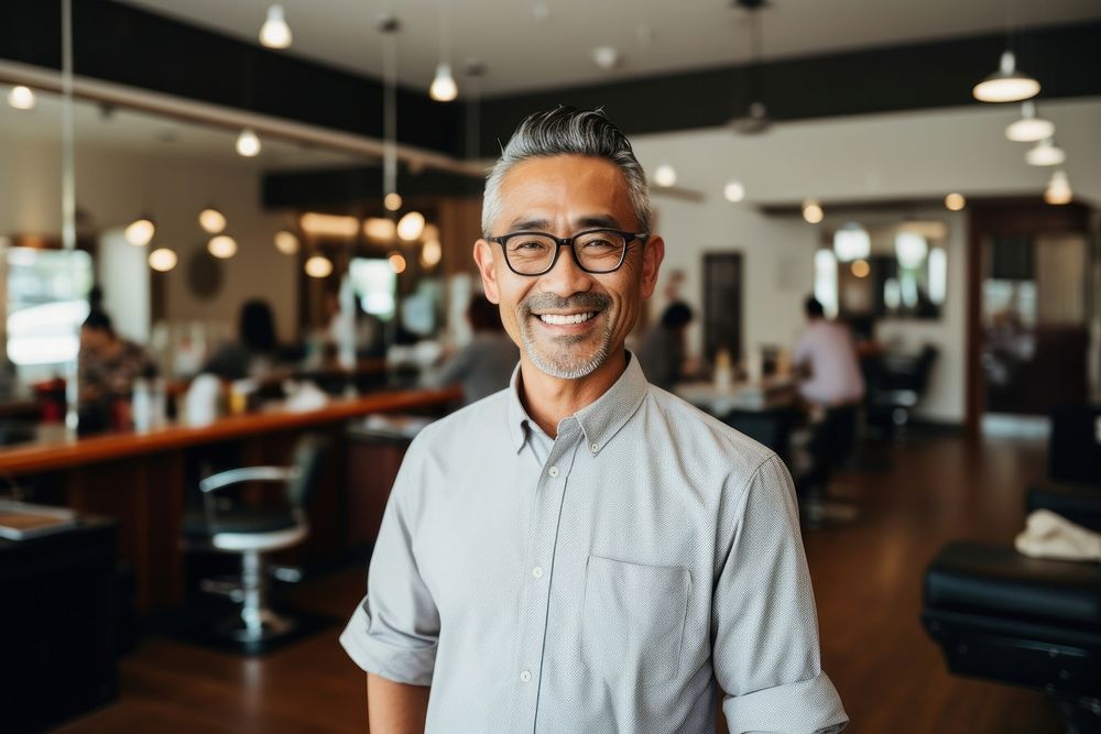 Asian american owner glasses adult smile. AI generated Image by rawpixel.
