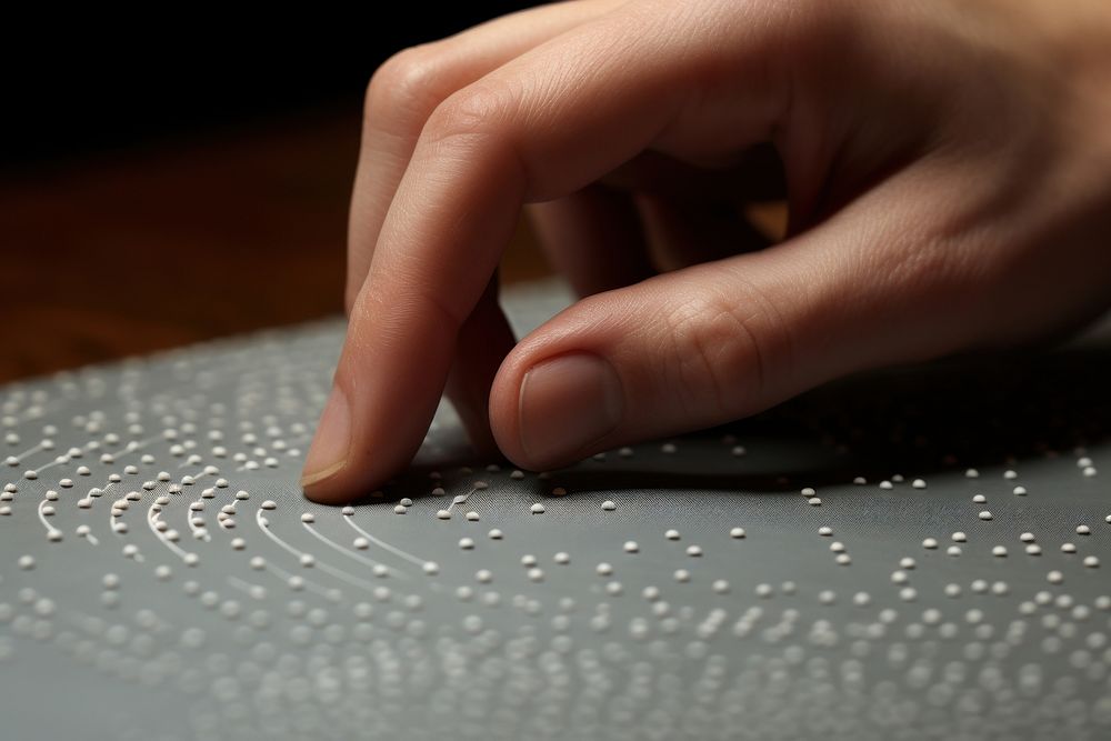 A hand reaches out to a braille page finger writing holding. AI generated Image by rawpixel.