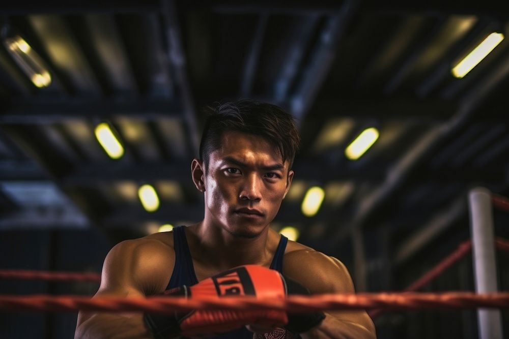 Thai boxer on the boxing ring sports adult determination. AI generated Image by rawpixel.