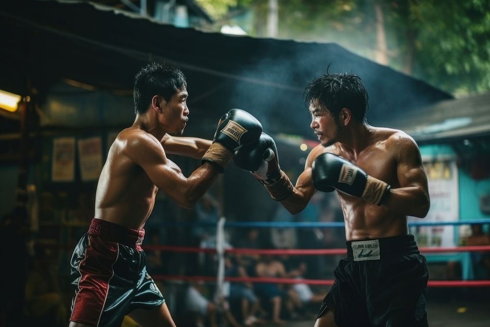 Thai boxers fighting on the boxing ring sports punching adult. AI generated Image by rawpixel.