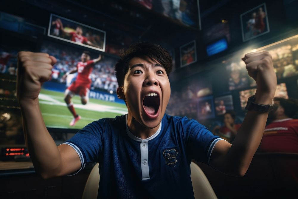 Thai teenager Cheering football at streetside shouting cheering adult. AI generated Image by rawpixel.