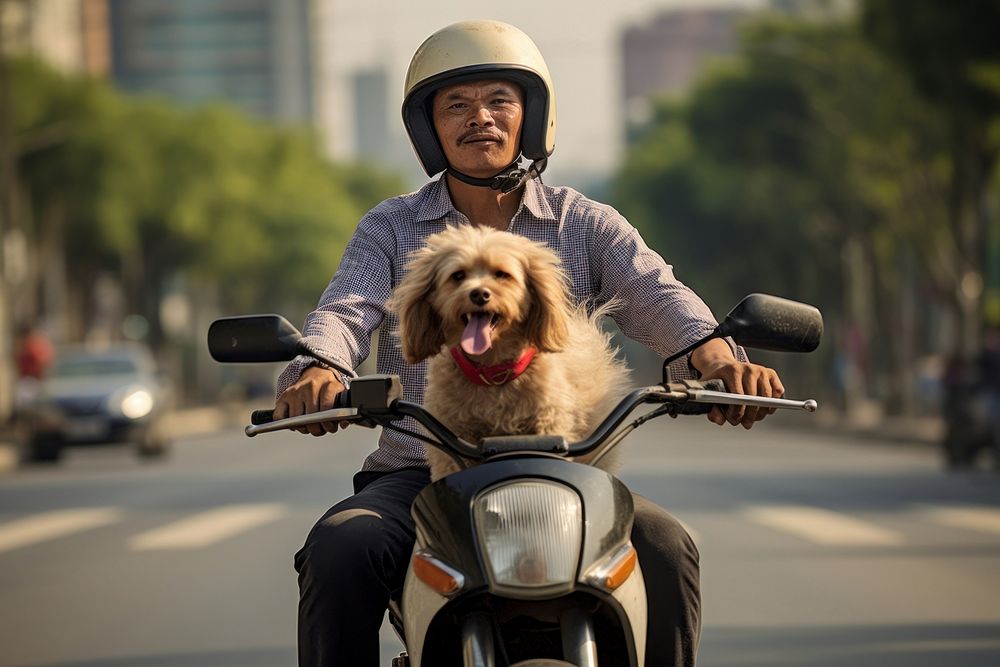 Vietnamese riding a motorcycle with a dog in busy road vehicle helmet mammal. AI generated Image by rawpixel.