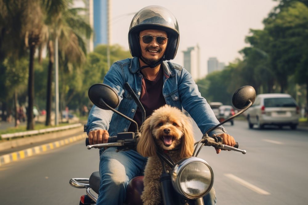 Vietnamese riding a motorcycle with a dog in busy road portrait vehicle helmet. AI generated Image by rawpixel.