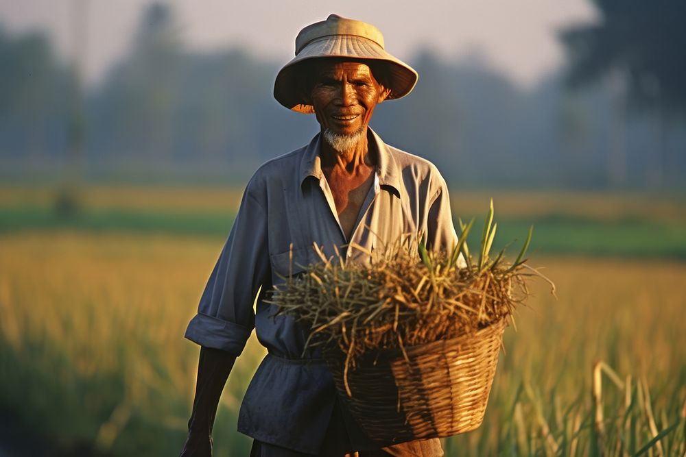 Old man carrying baskets through the rice field agriculture countryside outdoors. 