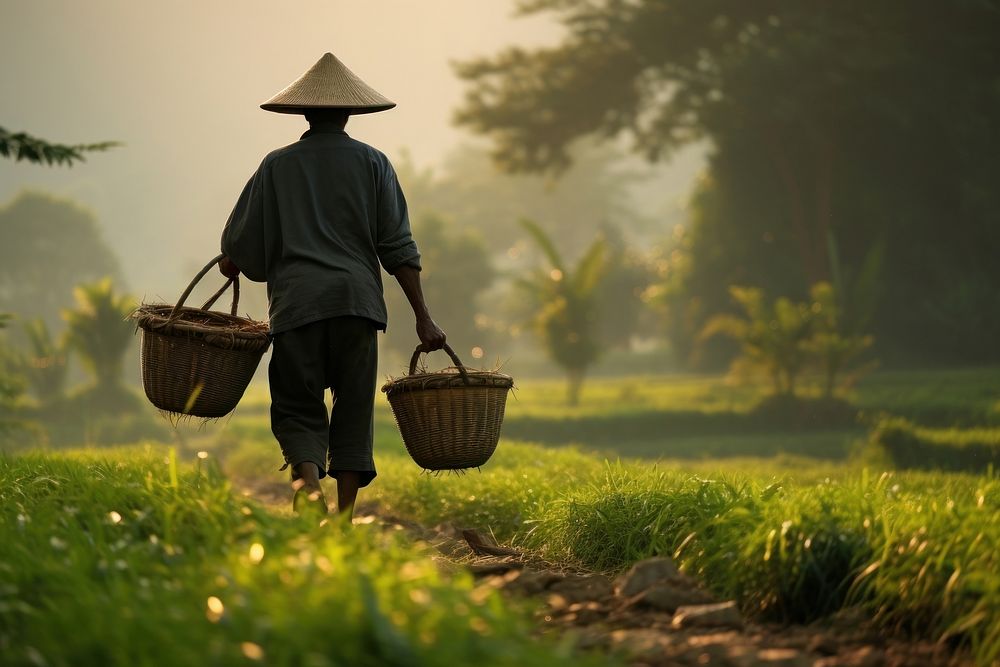 Old man carrying baskets through the rice field gardening outdoors nature. AI generated Image by rawpixel.