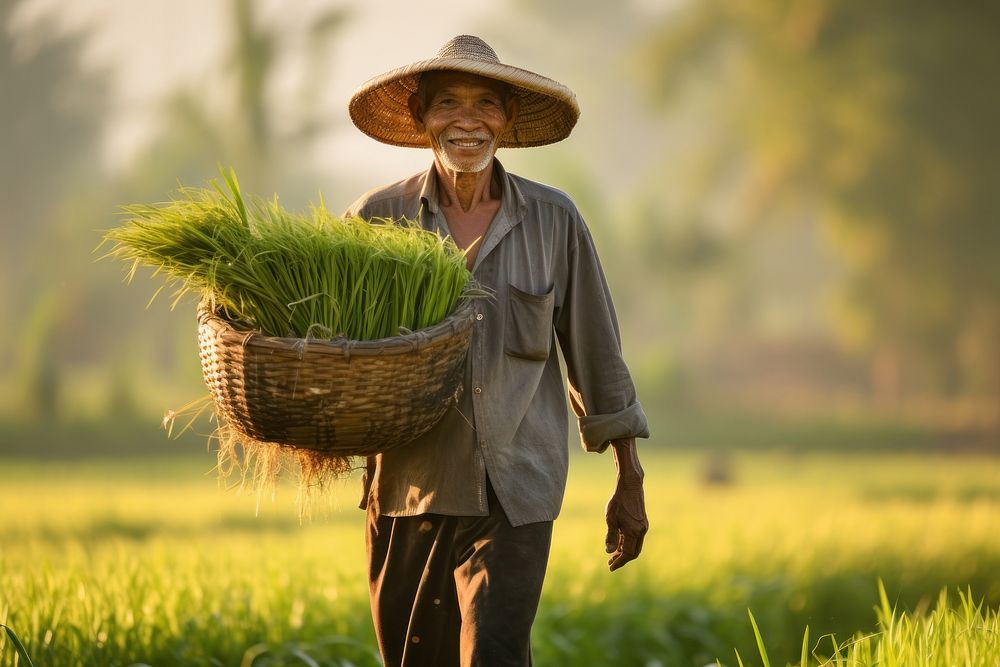 Old man carrying baskets through the rice field countryside outdoors nature. AI generated Image by rawpixel.