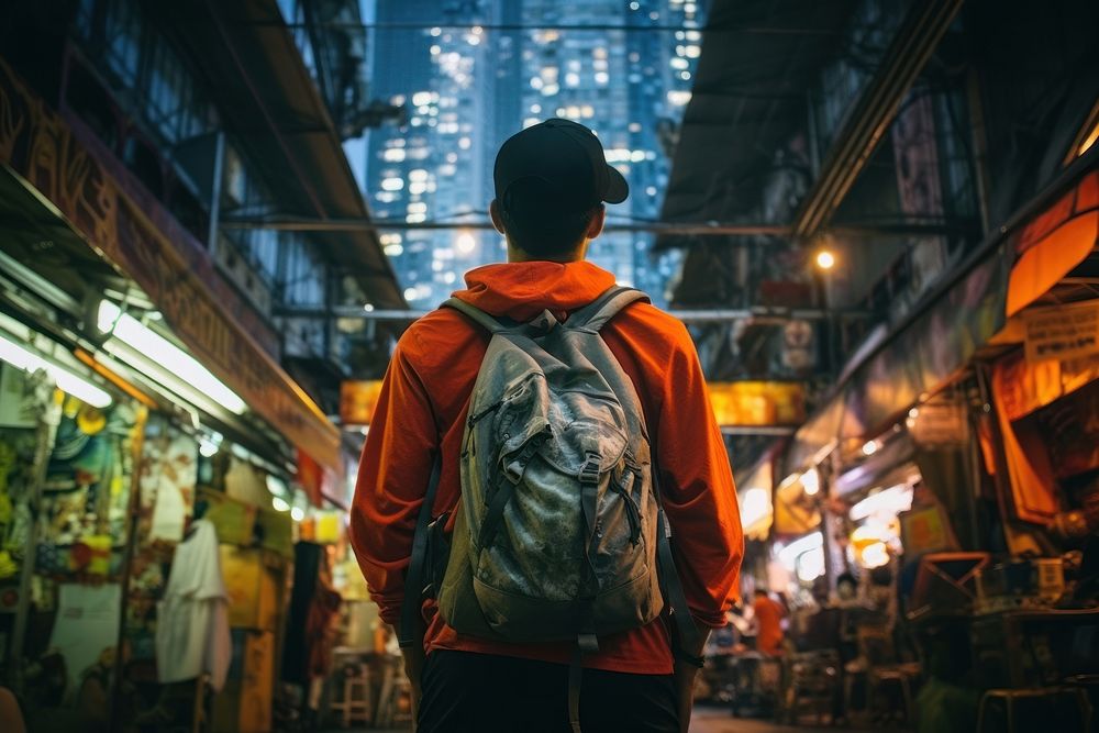 Asian backpacker in bangkok street adult architecture. AI generated Image by rawpixel.