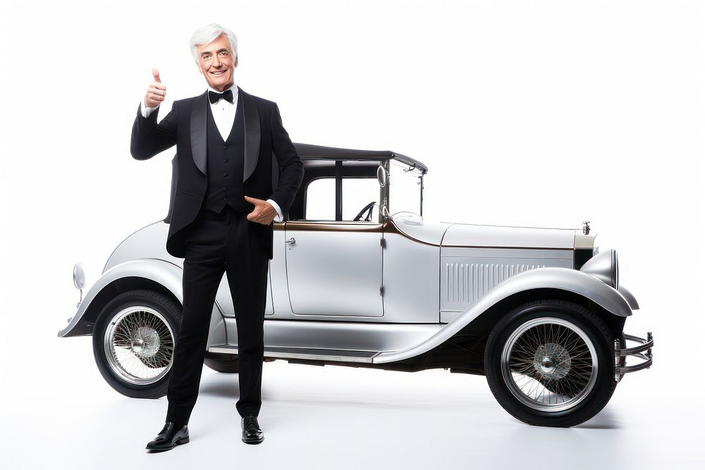 Man leaning on a silver car gesturing portrait vehicle. AI generated Image by rawpixel.