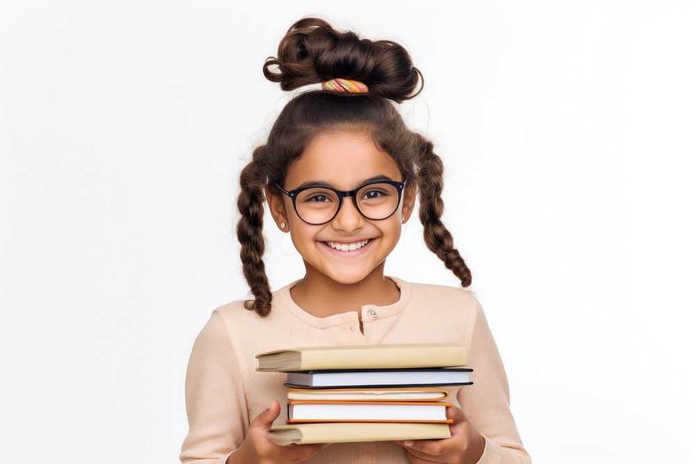 Indian children girl glasses smiling reading. AI generated Image by rawpixel.