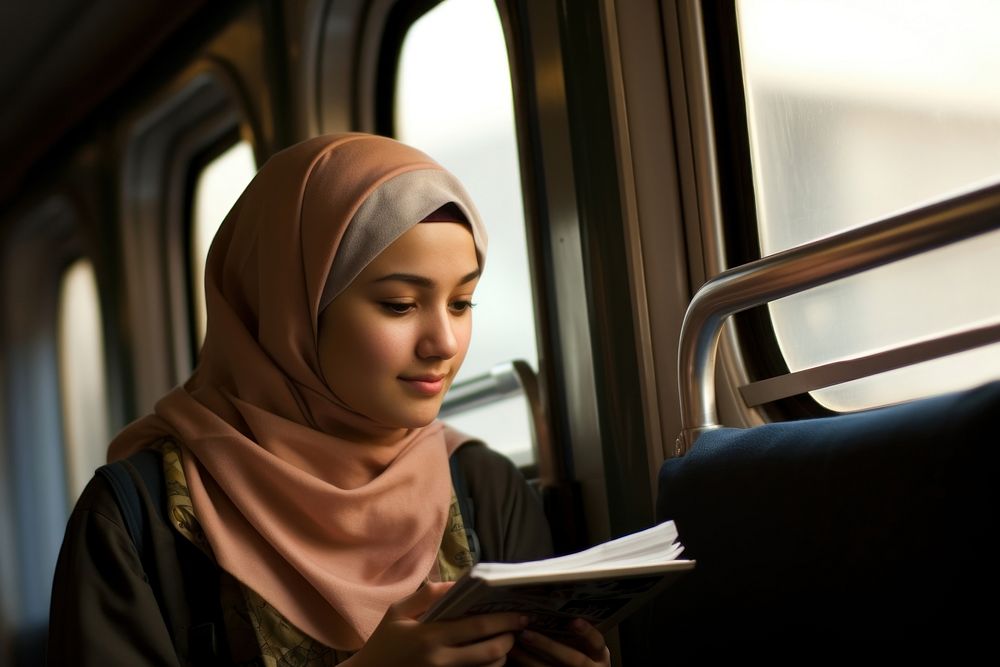 Indonesian student in the train reading adult technology. AI generated Image by rawpixel.