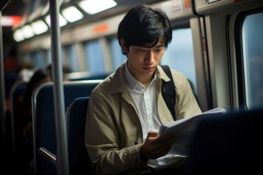 Indonesian student in the train reading adult contemplation. AI generated Image by rawpixel.